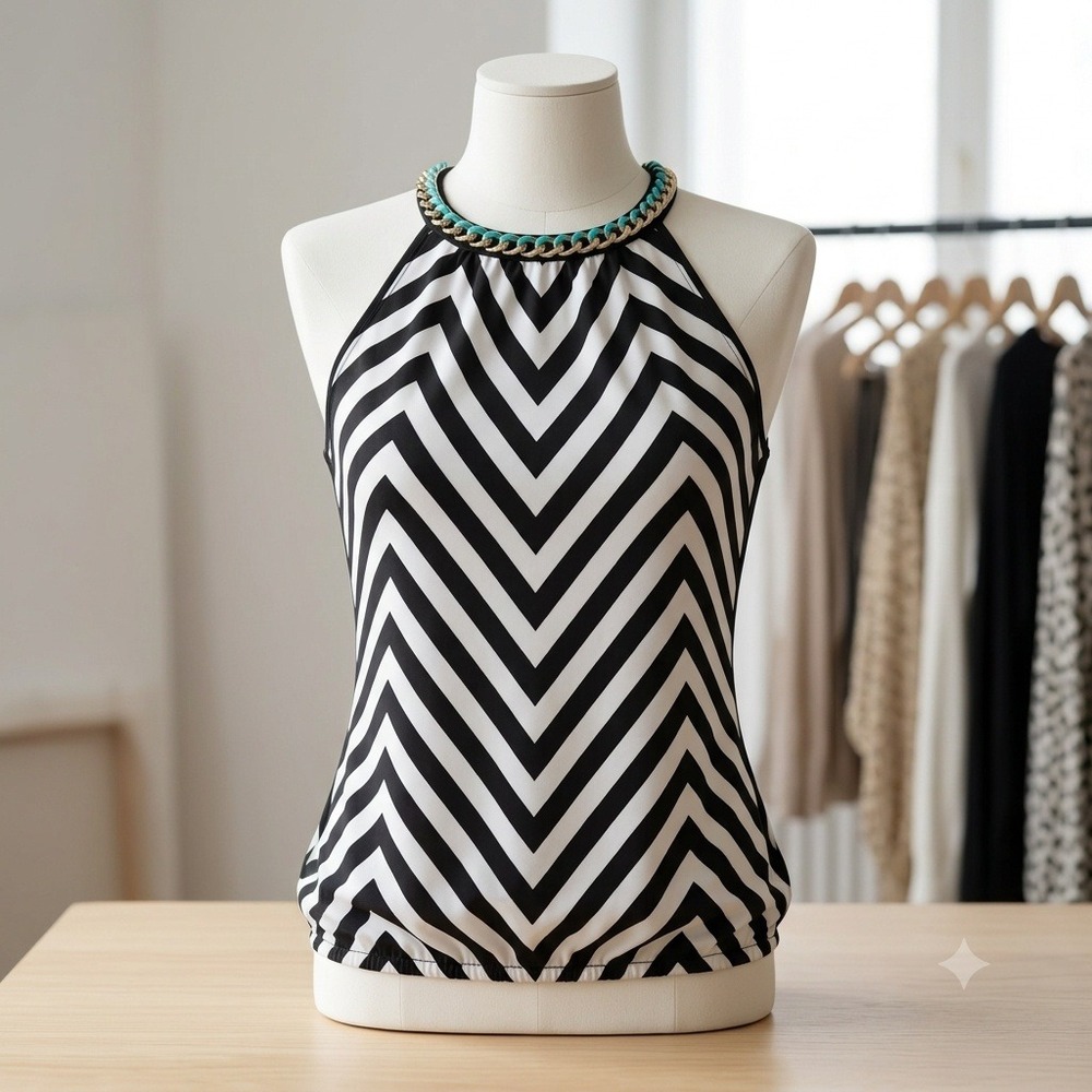 XOXO Womens Black White Chevron Halter Top Gold Chain Teal Detail Size Small